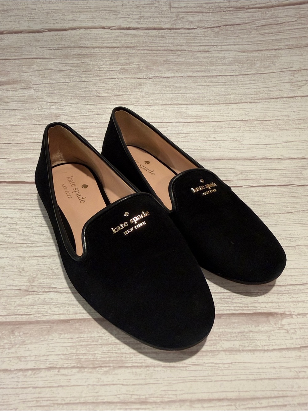 kate spade Black Velvet Slip-On Loafers with Gold Logo
